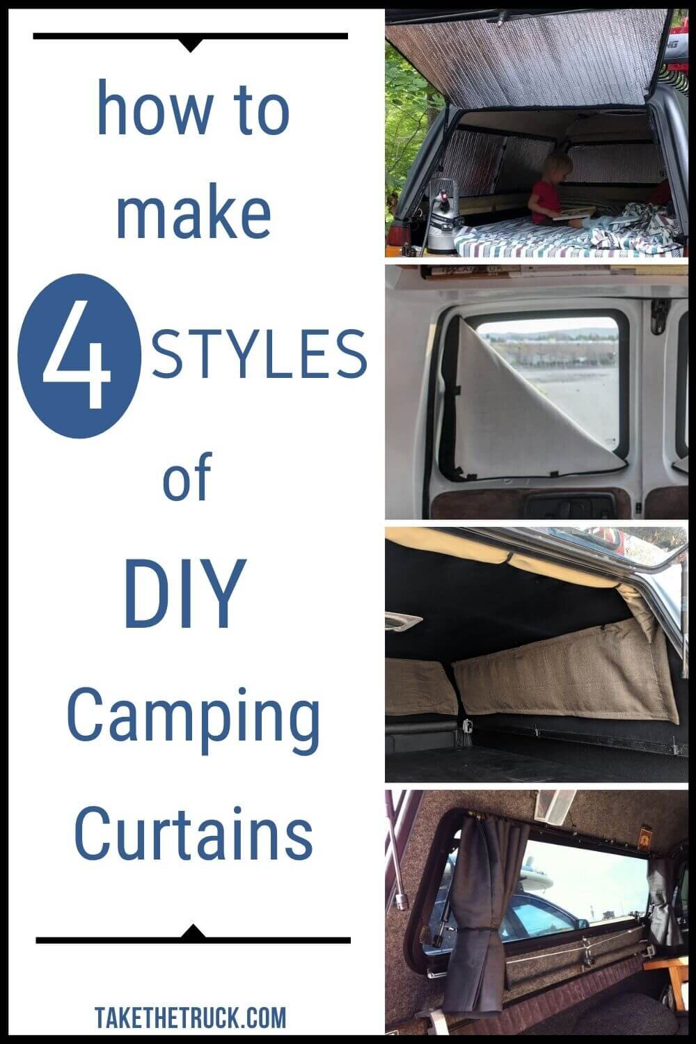 If you wonder how to make DIY camper curtains or window covers for your van, truck, SUV, car, or RV, read this! 4 different styles of camper curtains or window covers are shown with DIY tips.