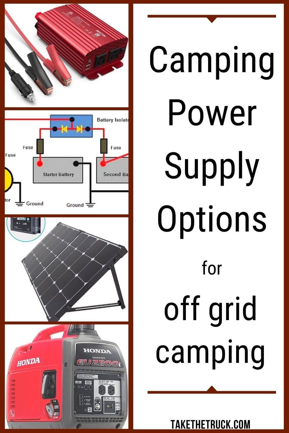 Camping power supply is a big topic! Read about 4 camping power supply ideas - your vehicle’s battery and inverter, a dual battery setup, or using a solar generator or gas inverter generator.