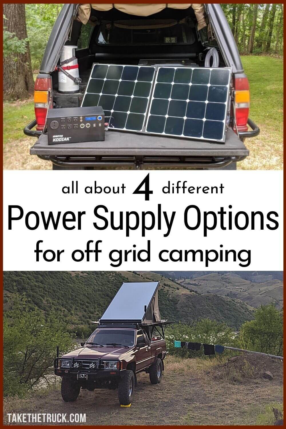 Camping power supply is a big choice! This post outlines 4 camping power supply ideas - your vehicle’s battery and inverter, a dual battery setup, or using a solar generator or gas inverter generator.