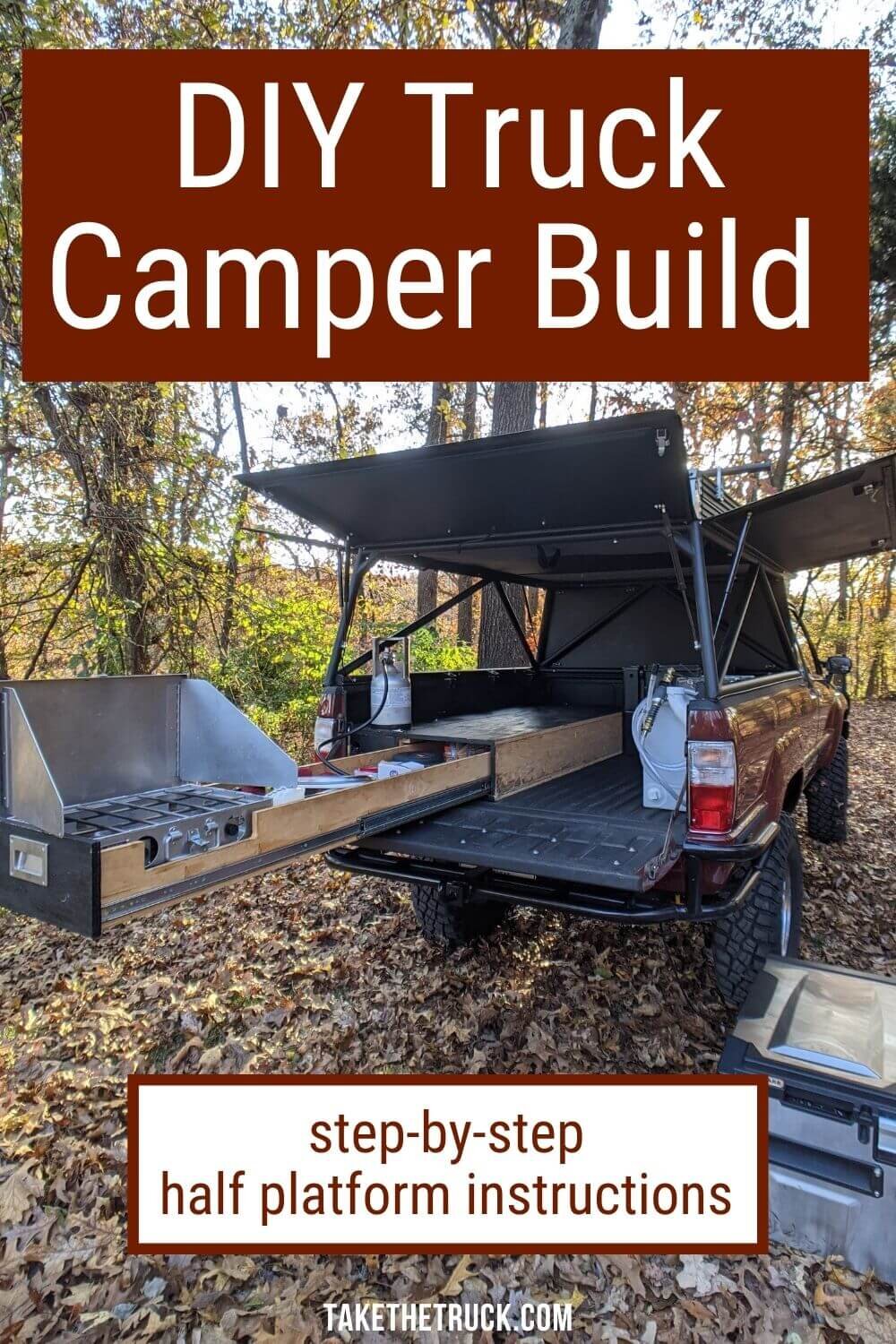 This post gives detailed truck shell camping platform plans and build instructions. This diy truck bed sleeping platform has a sliding truck drawer for more storage when you go camping in your pickup!