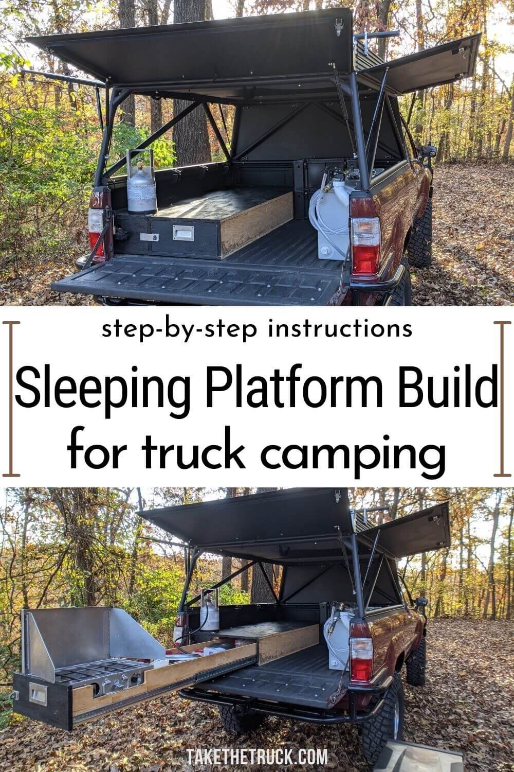 This post gives detailed truck bed camping platform plans and build instructions. This diy truck shell sleeping platform has a sliding truck drawer for more storage when you camp in your pickup!