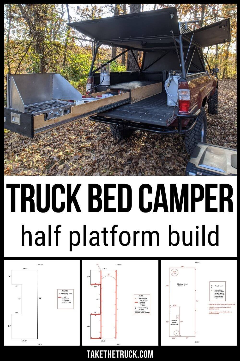 This post gives truck bed camping platform plans and build instructions. This diy truck bed sleeping platform has a sliding truck drawer for more storage when you go camping in your pickup!