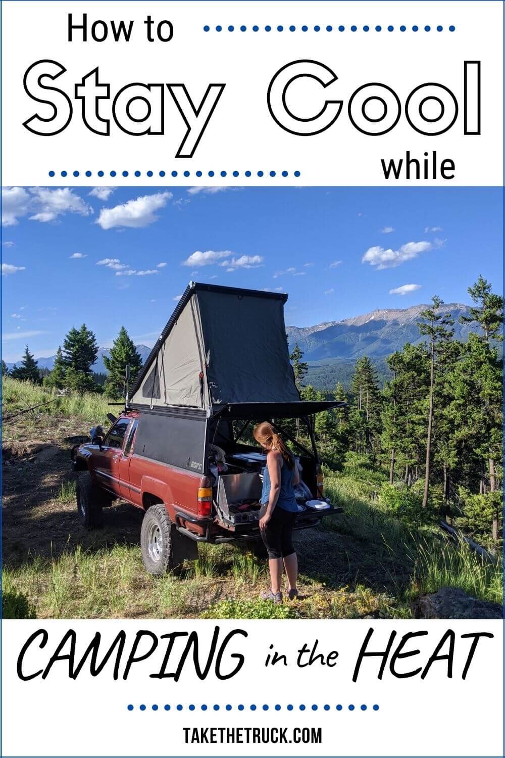 Products and tips on how to stay cool while camping in the heat. Summer camping in hot weather in a tent or truck bed, van, SUV, or car does not have to be miserable!