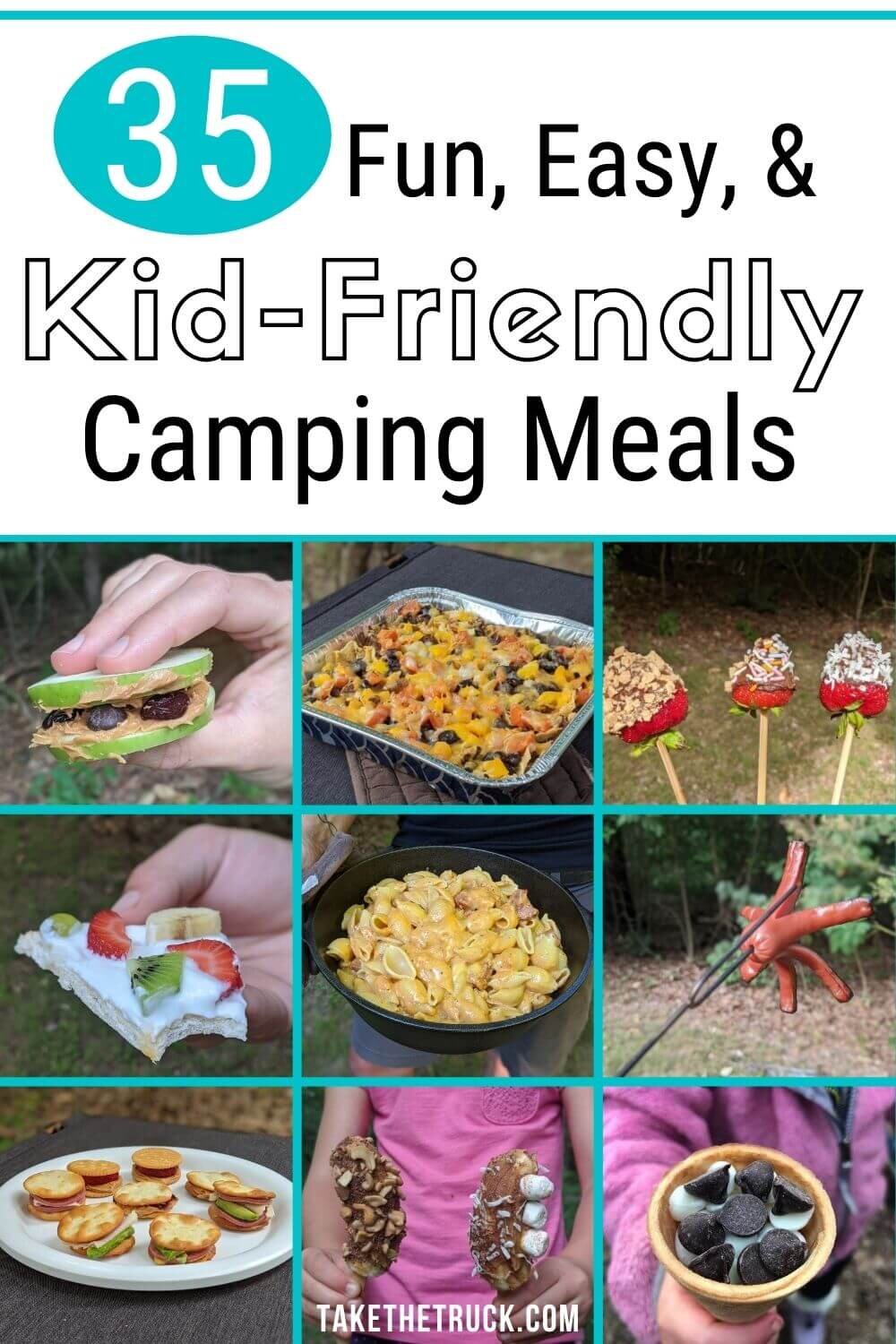 These 35 camping meals for kids are organized into camping breakfasts, lunches, dinners, plus healthy camping snacks and fun kid friendly desserts. Tons of fun camping food ideas for kids!