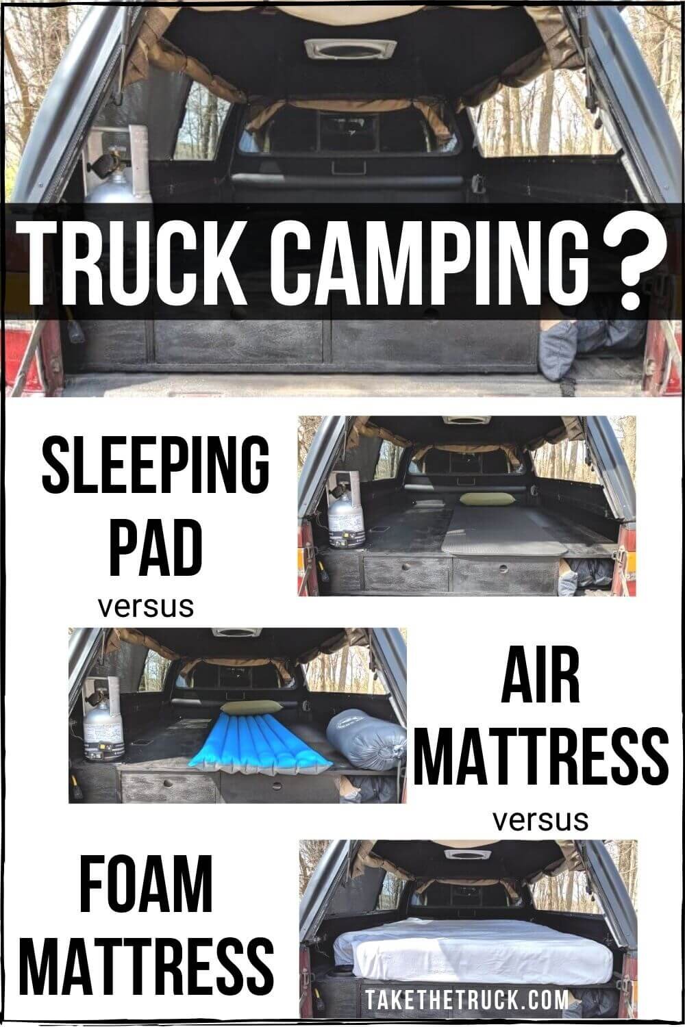 A great comparison of camping mattresses - camping air mattress, memory foam mattress, and sleeping pad as a truck bed mattress, SUV mattress, car mattress, or minivan mattress.