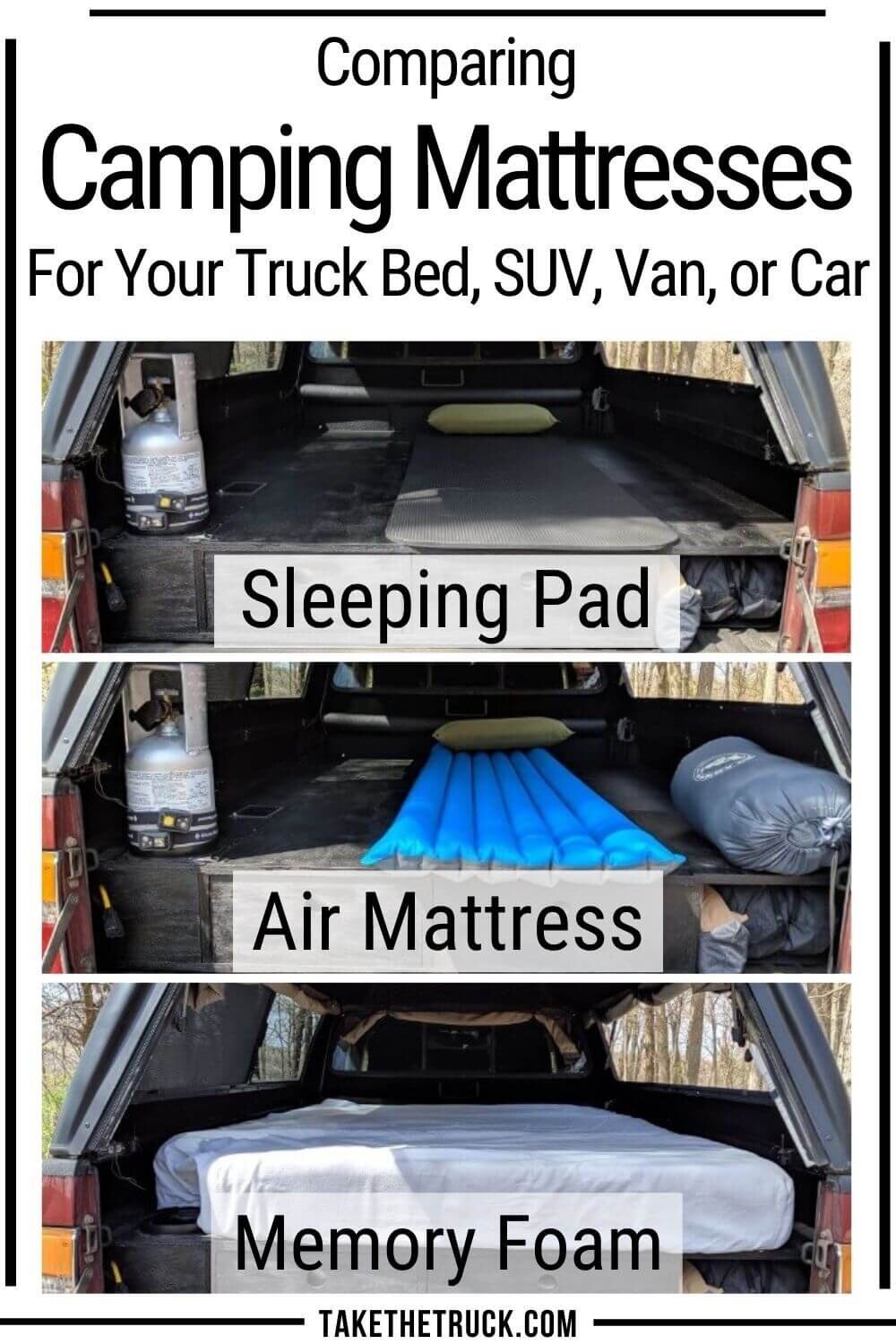 A great comparison of camping mattresses - camping air mattress, memory foam mattress, and sleeping pad as a truck bed mattress, minivan mattress, SUV mattress, or car mattress.