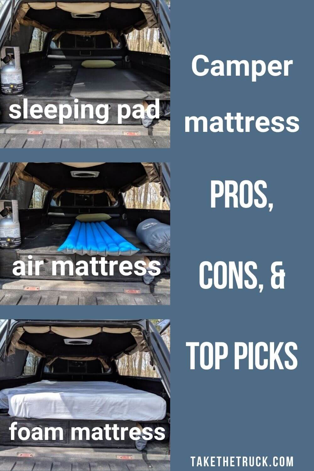 A great comparison of camping mattresses - camping air mattress, memory foam mattress, and sleeping pad as a SUV mattress, truck bed mattress, minivan mattress, or car mattress.