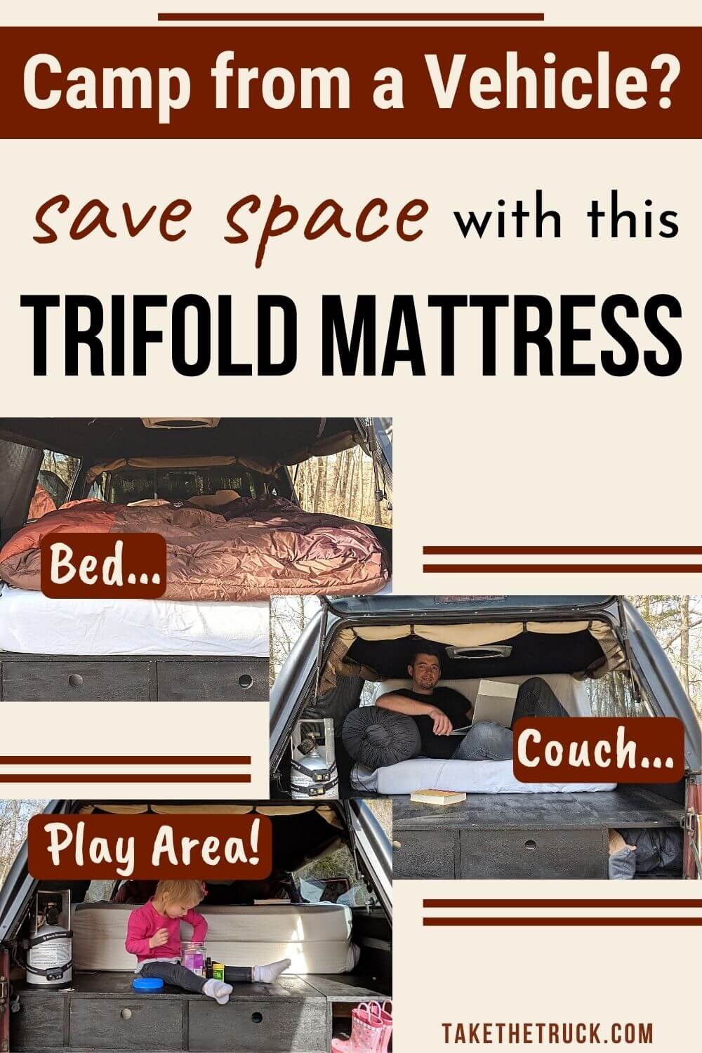 Searching for a truck bed mattress for camping? This tri fold camping mattress is the perfect foam or memory foam mattress for your truck bed, campervan, SUV, car, or small camper! 