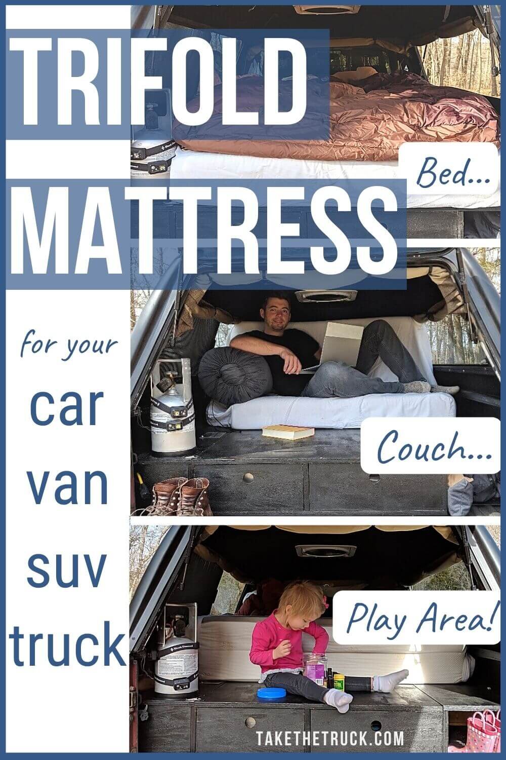 Searching for a truck bed mattress for camping? This tri fold camping mattress is the perfect foam or memory foam mattress for your truck bed, car, SUV, campervan, or small camper! 
