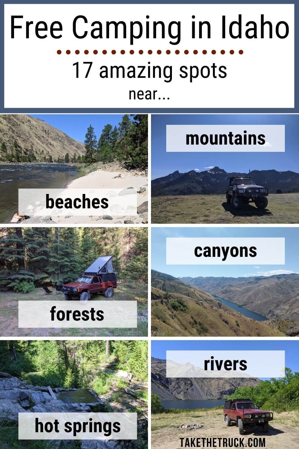 Are you looking for free camping in Idaho? This post gives all the details you’ll need about 17 different boondocking spots - either national forest camping or blm camping in Idaho.