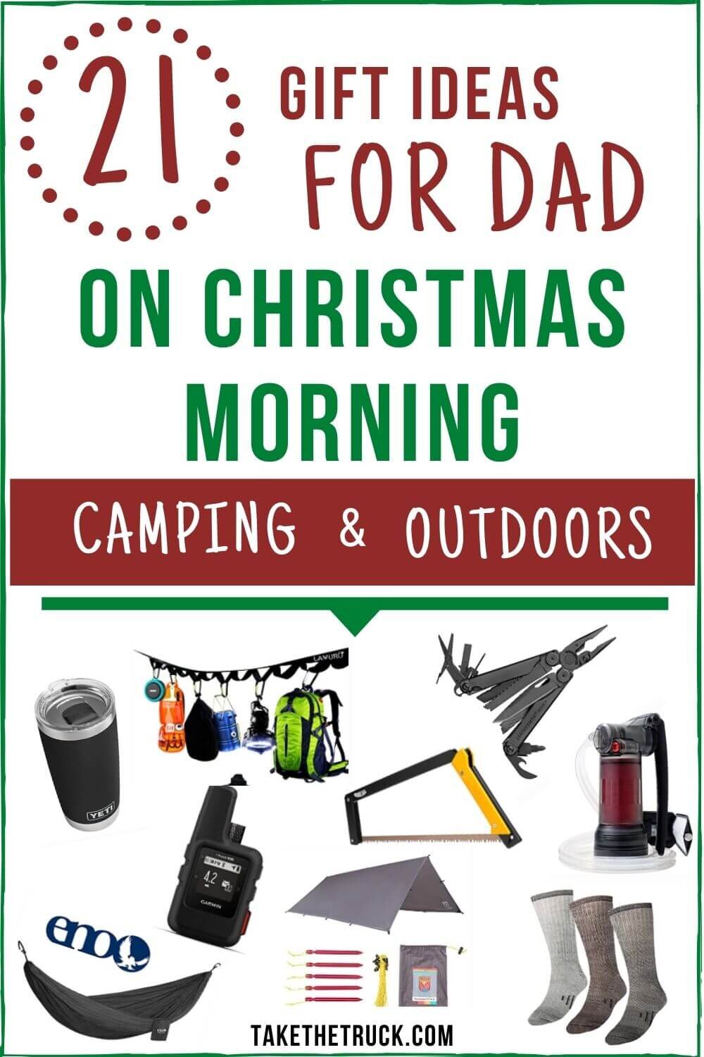 This post gives 21 camping &amp; outdoor Christmas gift ideas for men. So if you have a special man in your life who loves the outdoors, check out this list of camping Christmas gifts for him! 