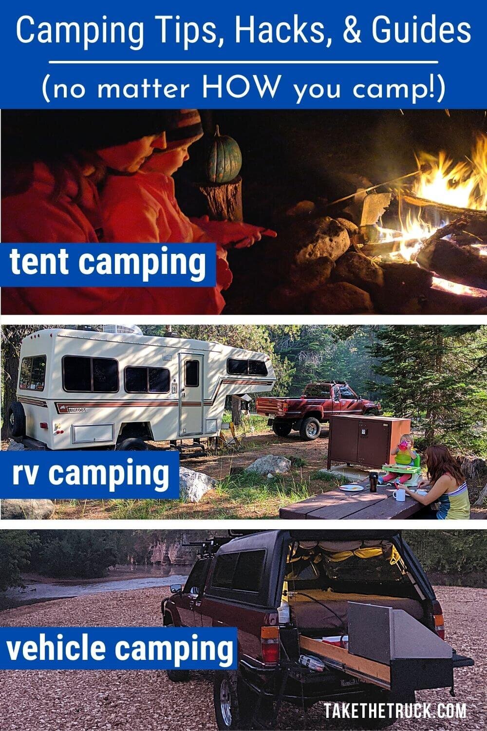 Whether you camp in a truck, tent, car, van, popup camper, travel trailer, or RV, this page has great posts on camping topics that can improve your camping game! Camping ideas for everyone!