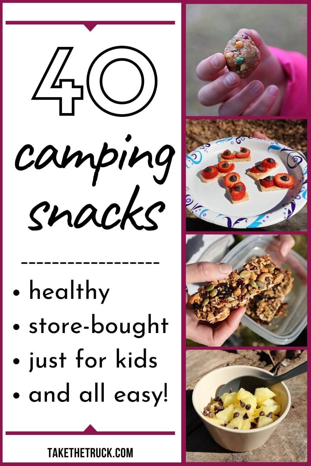 Over 30 easy camping snacks divided into: camping snacks to buy, simple camping snacks for kids, and healthy camping snacks for adults and kids. These are all simple camping snack ideas!