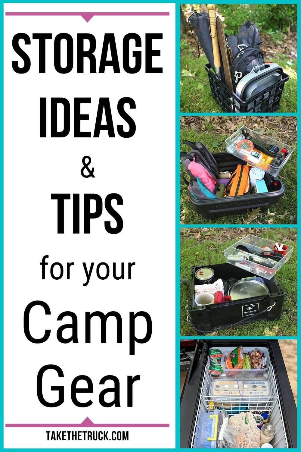 All about how to stay organized while camping! Camping gear storage ideas and camping gear organization ideas whether you want truck camper or tent or car camping organization and storage hacks.