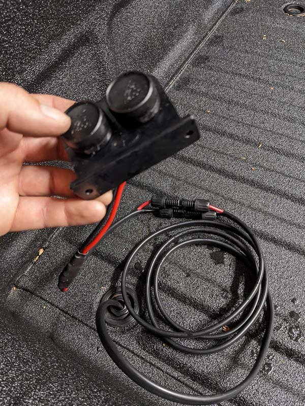 12v power outlets added to Toyota Tacoma overland truck build go fast camper