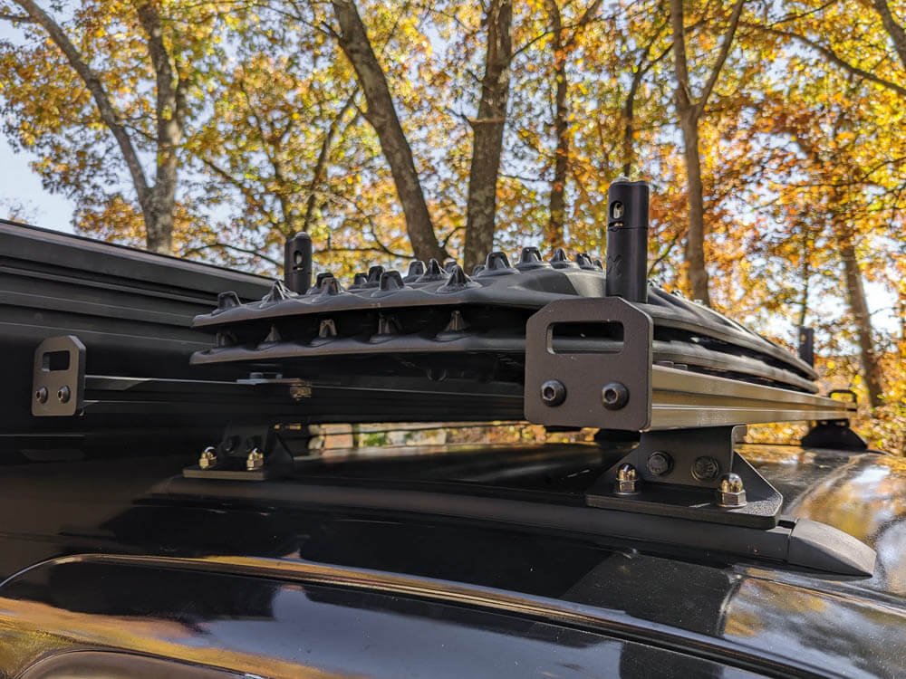 completed roof rack installed on the Toyota Tacoma overland truck build with Maxtrax recovery boards mounted