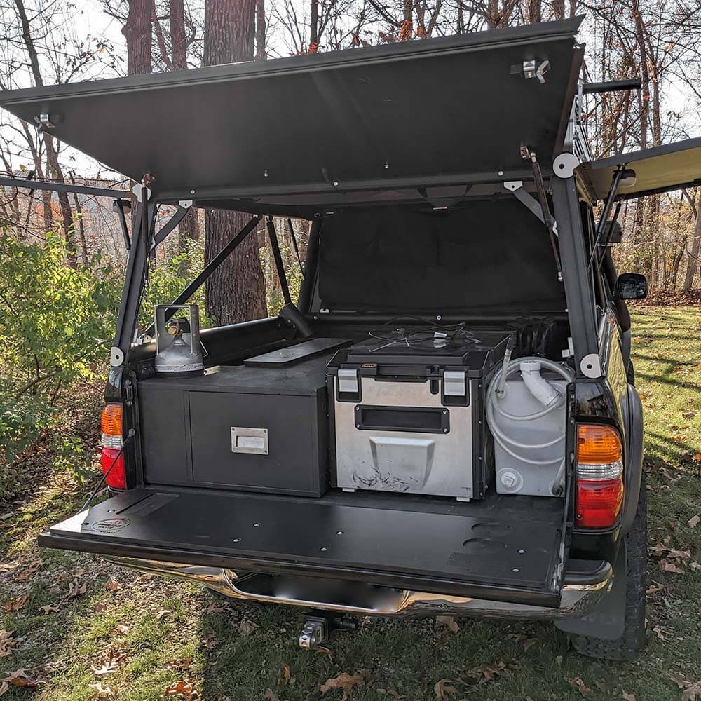 tacoma truck camping setup drawer closed and packed up