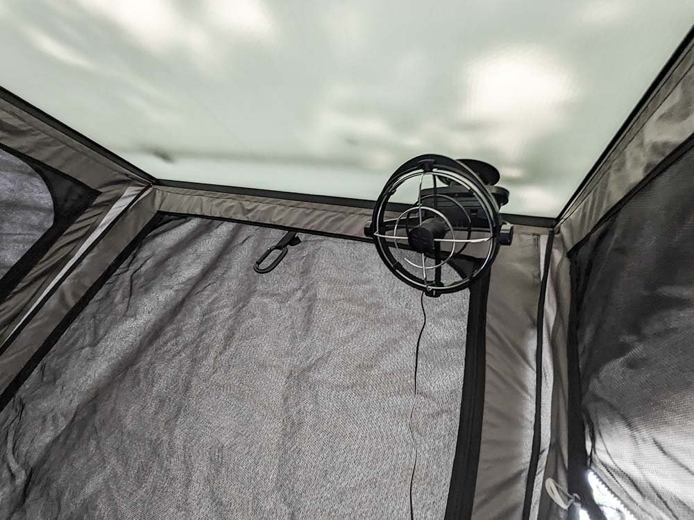 12v fan for go fast camper mounted in tent while camping