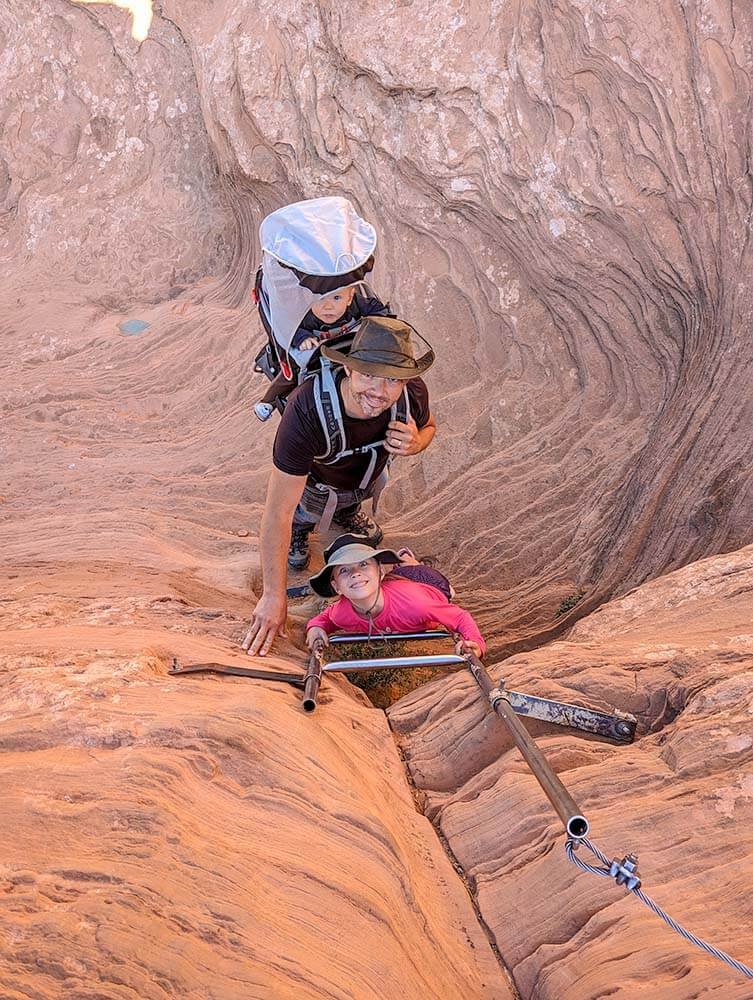 hiking with baby in camping backpack carrier