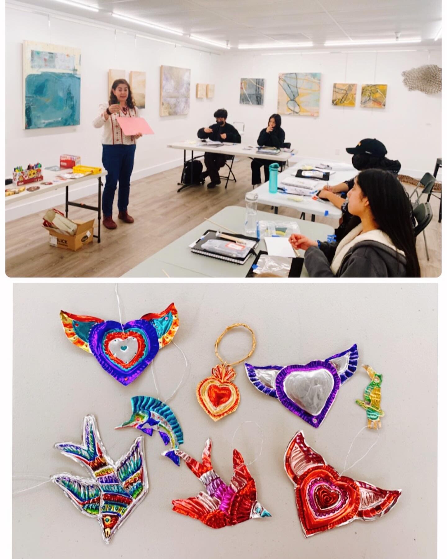 Artist mentor Elizabeth Gomez has been sharing her knowledge and skills with the Art Bias mentees to make Milagritos. First the youth drew their designs on paper with pencil and after creating small practice pieces in tin, they are now working on lar