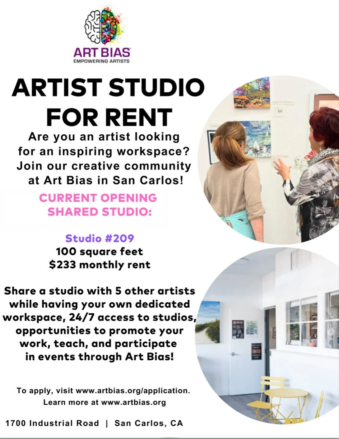 Join our creative community in 2026! Art Bias has a shared studio space available for rent with 5 other artists. Each artist maintains a dedicated, assigned space in the shared studio. 

Art Bias houses 51 studios in one building, ranging in size fro