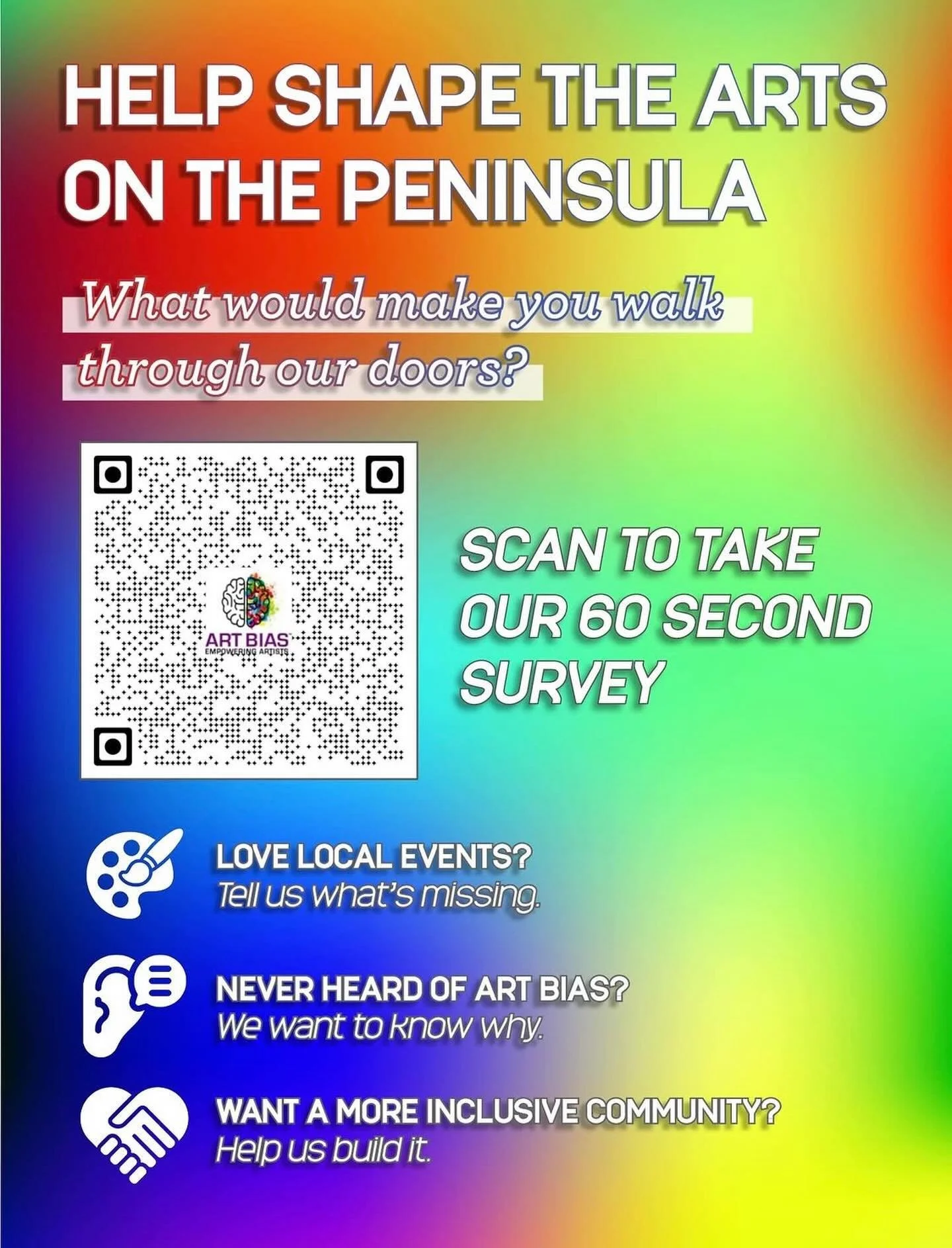 What would help you walk through the doors of Art Bias? 

Please tell us by answering our survey. Your responses will help shape the arts on the Peninsula. 

Scan QR code or go to the link in our bio. Survey closes soon. Thank you for your feedback! 