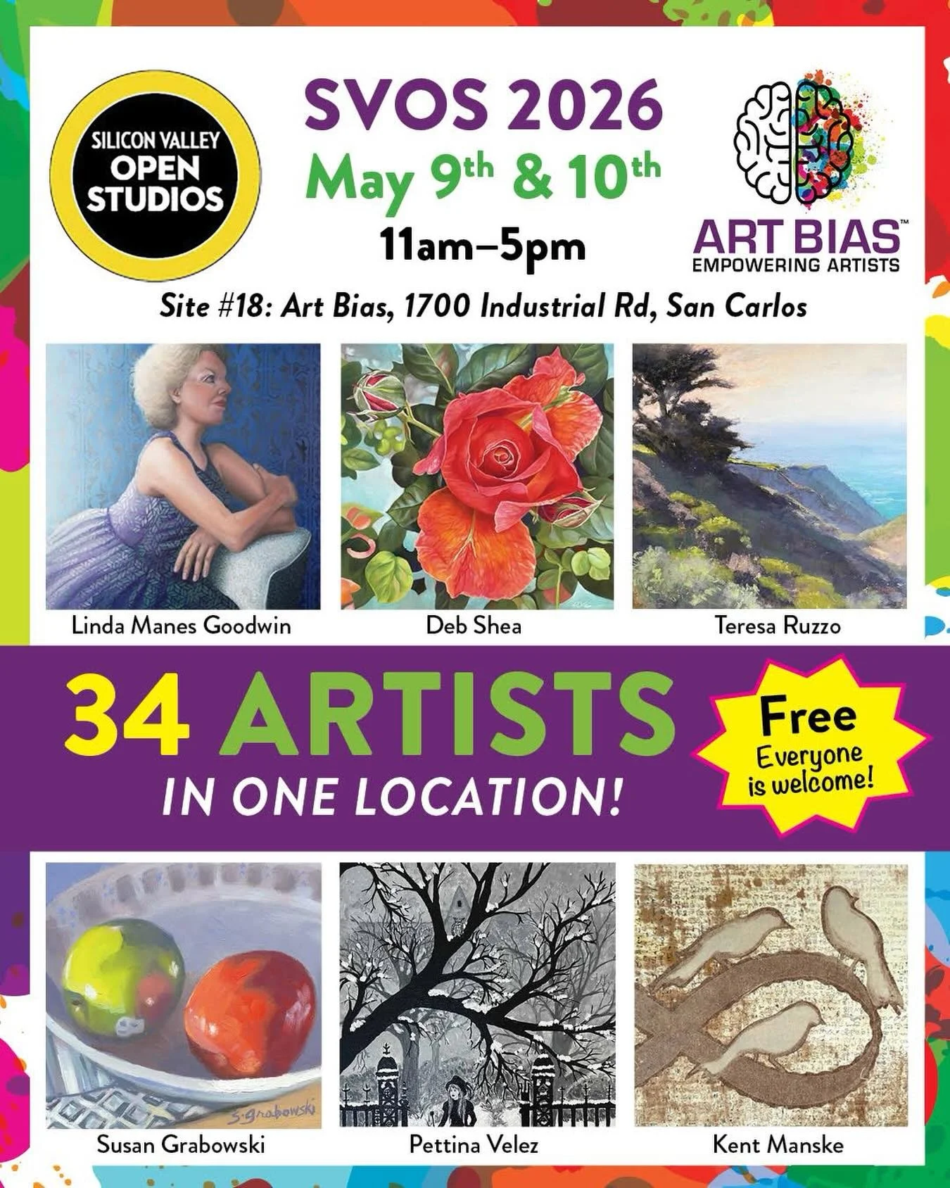 Visit 35 ARTISTS IN ONE LOCATION at Art Bias for Silicon Valley Open Studios.

May 9 &amp; 10, 11:00 - 5:00 PM, Free, and all are welcome!

On Mother&rsquo;s Day, Sunday, May 10th: Free trolley between Art Bias (site #18), Parks &amp; Arts Foundation