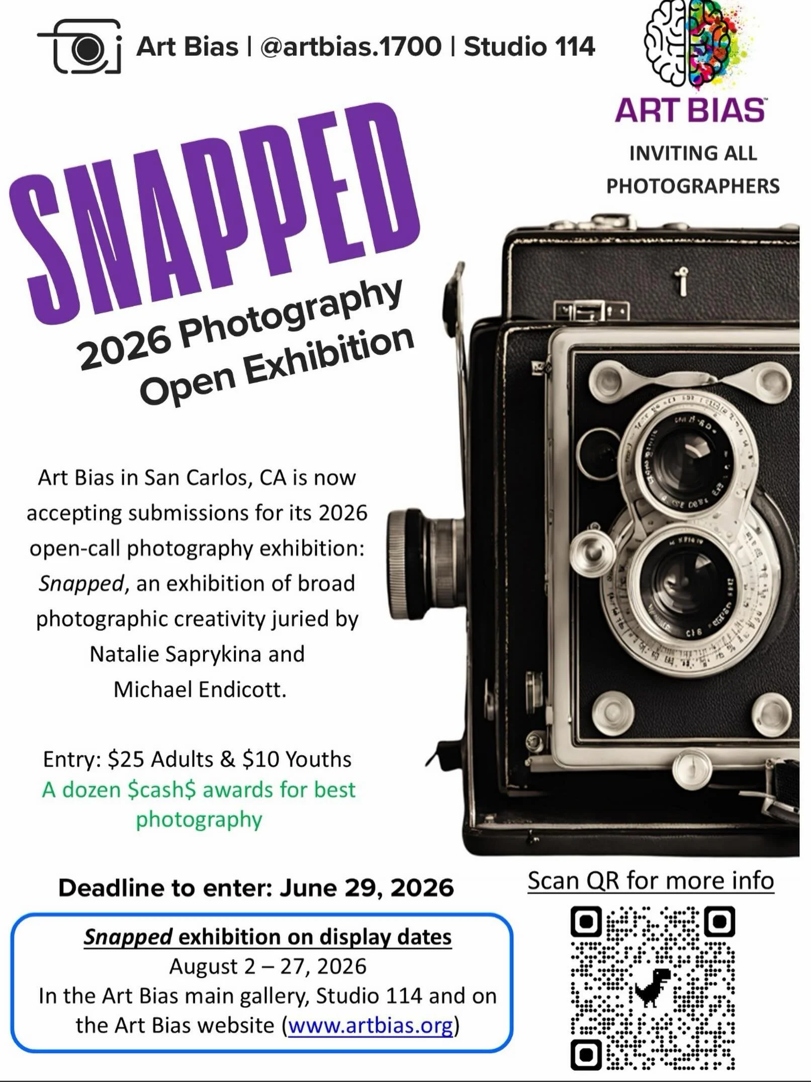 📸 Last call, photographers!

Your work could be featured in Snapped-2026, Art Bias&rsquo;s annual photography exhibition and fundraiser. Entries are open through June 29, 2026 in Black &amp; White, Color, Film, and Youth categories.

Selected works 