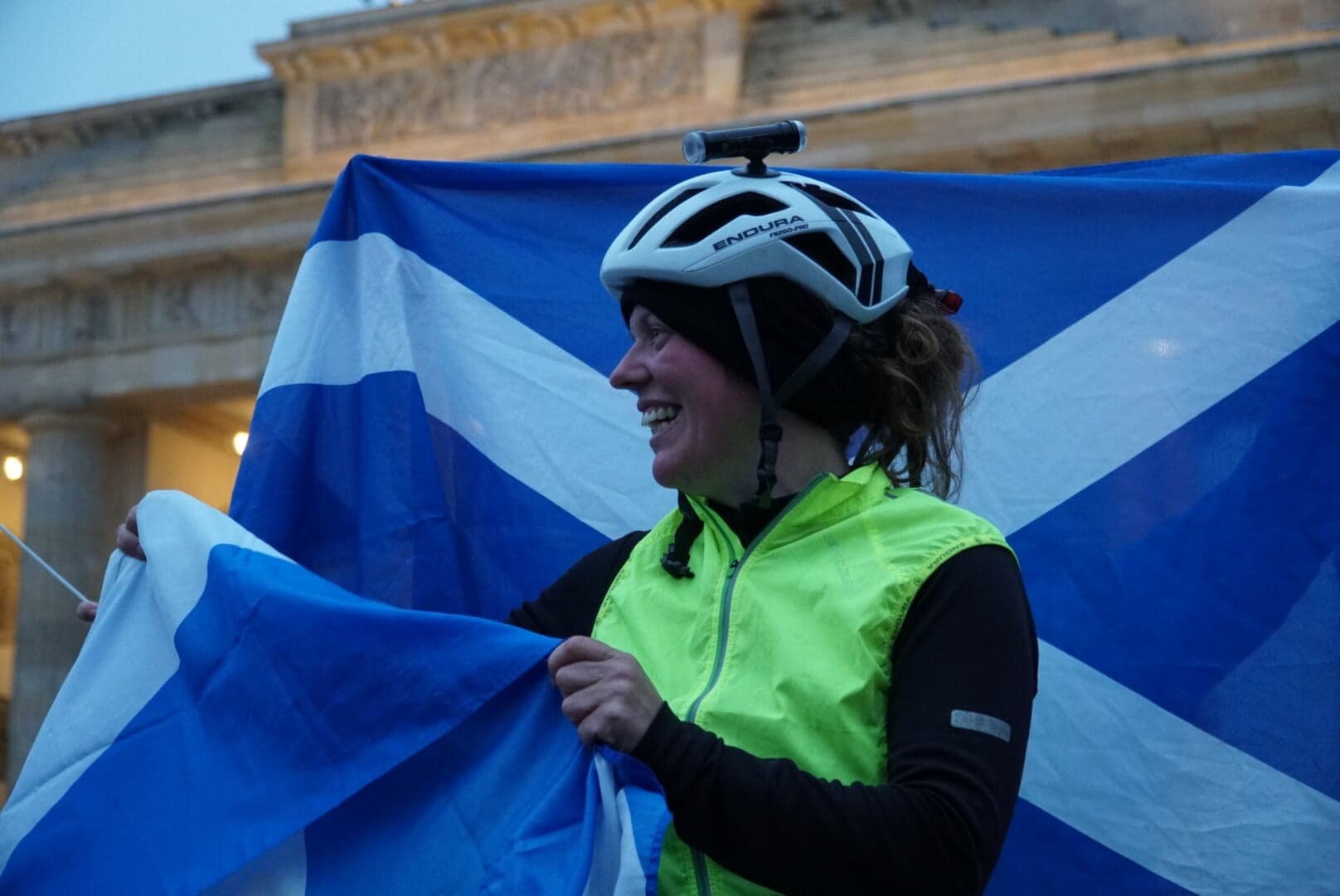 Jenny Graham at the Brandenberg Gate, Berlin - Round the World record