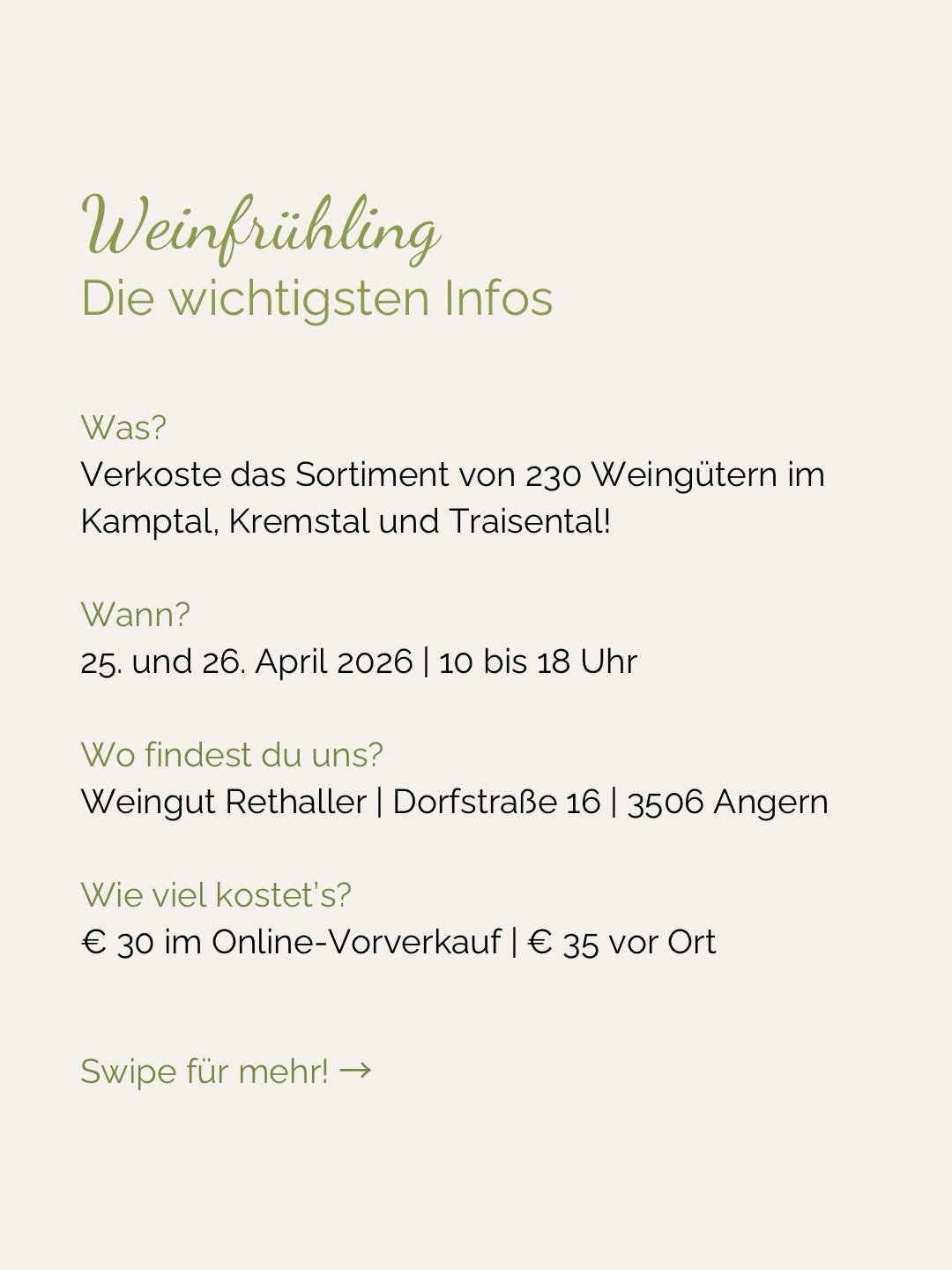 Der Weinfr&uuml;hling steht vor der T&uuml;r! 😍🍷 Hier findest du die wichtigsten Infos im &Uuml;berblick. 👉🏻 Swipe dich durch!

#WeingutRethaller #Weinfr&uuml;hling #Kremstal #KremstalWein