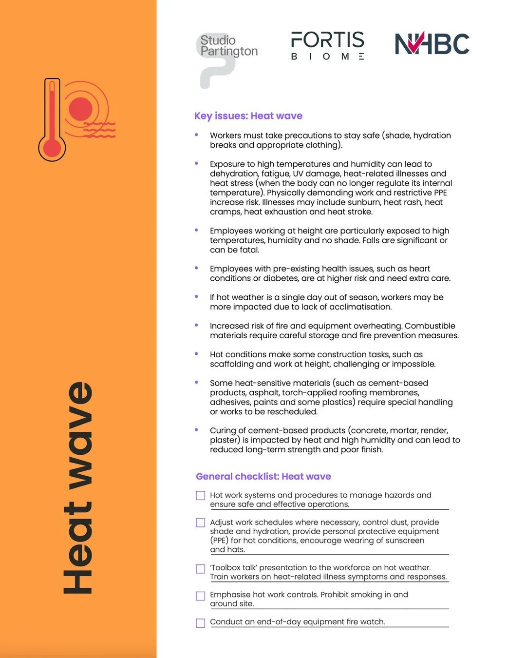 ☀️🥵 Too warm? Think of most exposed outdoor workers.

Our heatwave checklist for contractors and site managers developed with Fortis Fa&ccedil;ades and RoSPA covers:

- Key issues and context

- Critical public safety checks

- Worker welfare and be