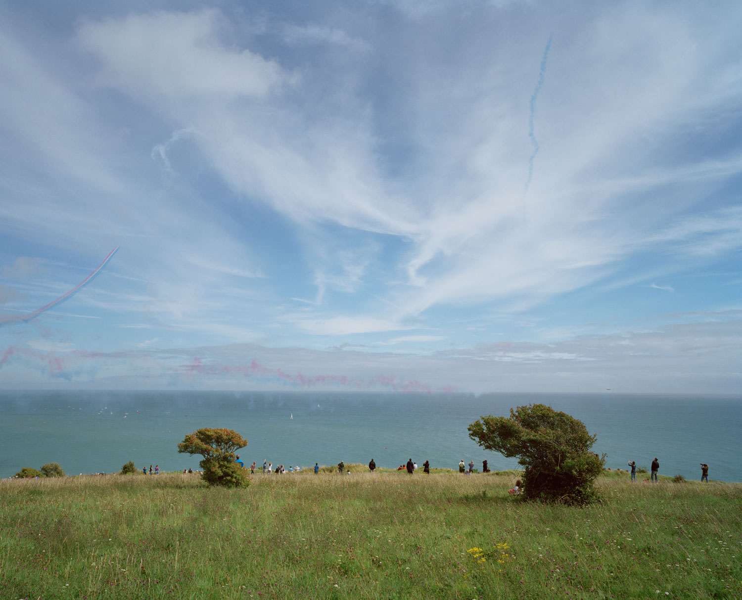  Vapour trails from Hawk T1 military trainers (Red Arrows), Beachy Head, Eastbourne International Airshow, Sussex, 13 August 2011 