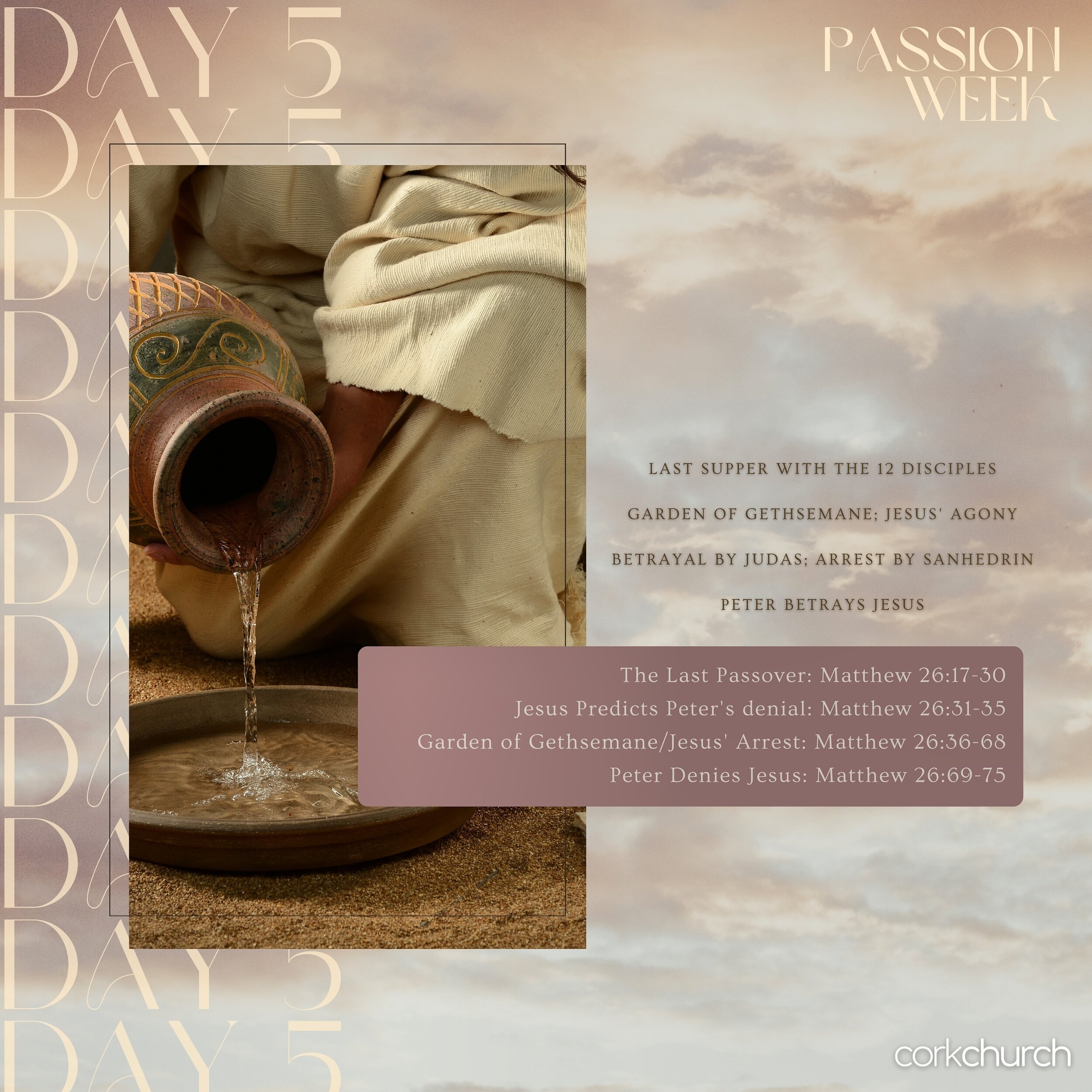 PASSION WEEK: DAY 5

On this day, Jesus reveals that the challenges and sorrows of those final hours will ultimately lead to freedom and the establishment of a Kingdom. Just like bread must be broken to be eaten and wine must be poured to drink, a co