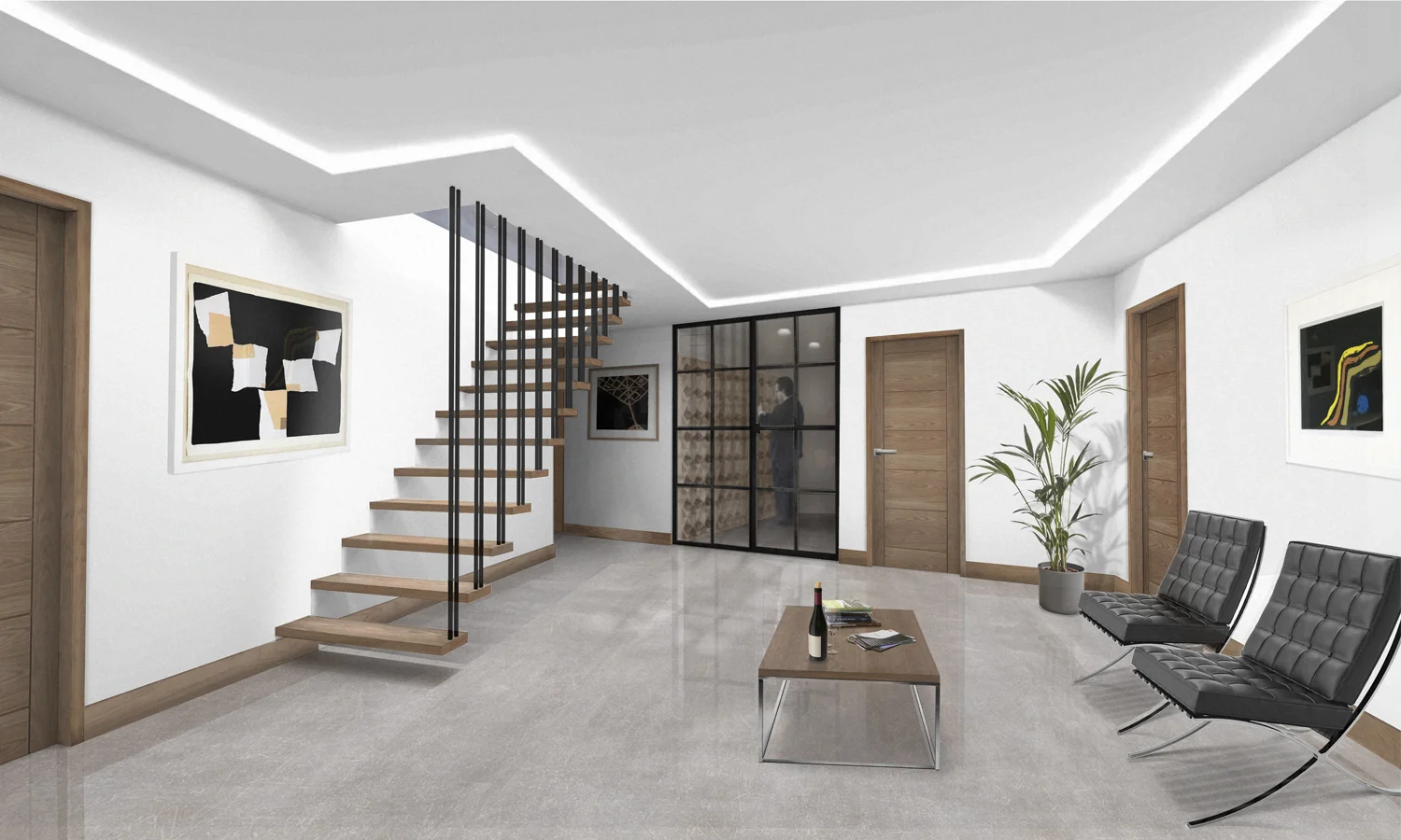 interior rendering with open tread suspended staircase