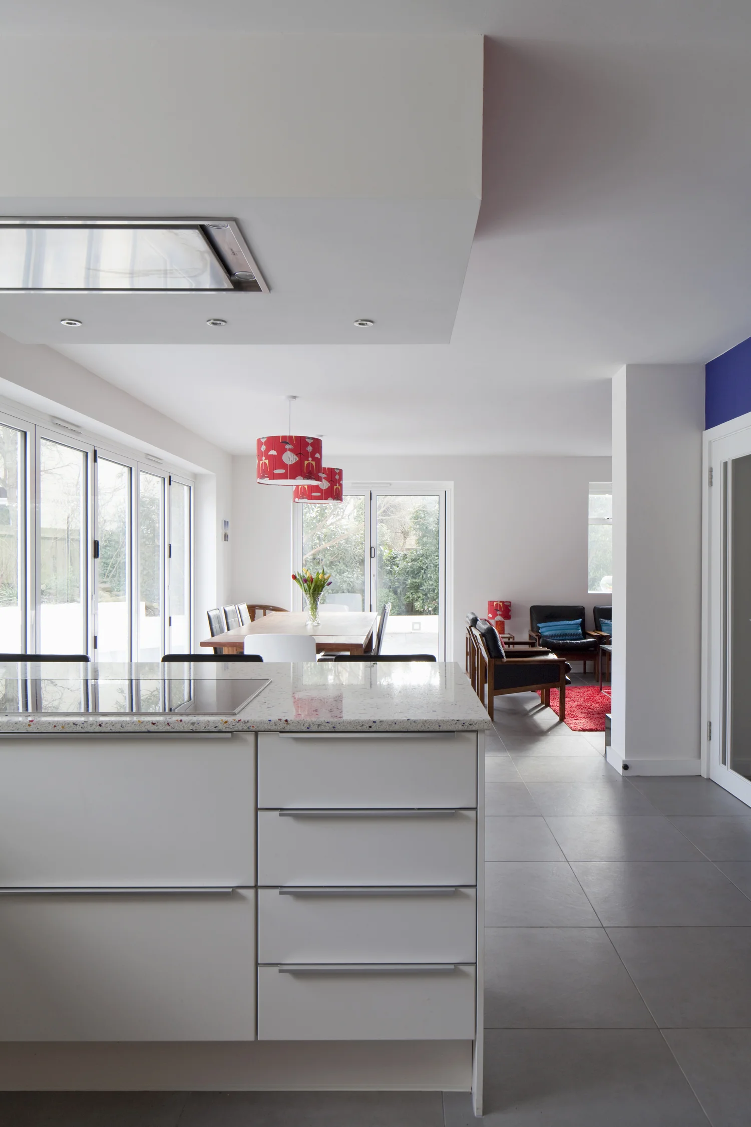 modern kitchen looking to dining and garden
