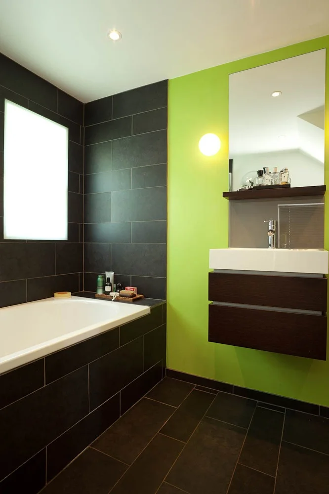 black and lime green modern and funky bathroom