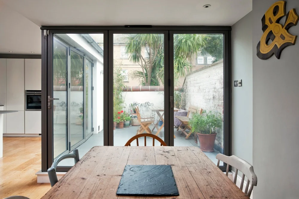 dining view to courtyard even with doors closed