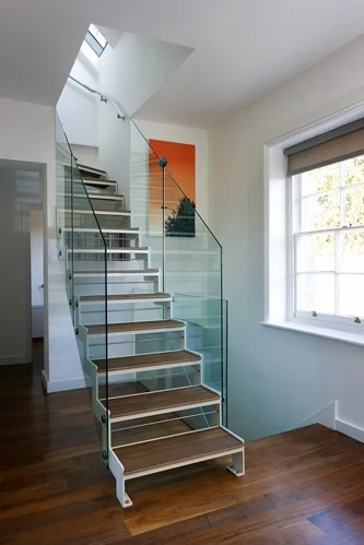 contemporary stair timber treads steel stringers glass balustrade