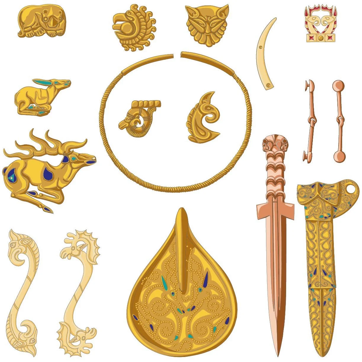 Illustrated artefacts from a Saka burial