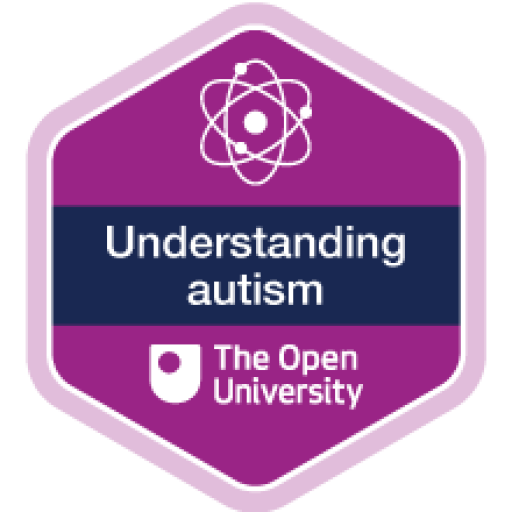 A badge with a purple background featuring a white atom symbol at the top, the text 'Understanding autism' in the middle, and the Open University logo at the bottom.