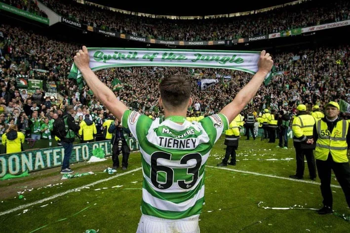 Celtic and Scotland star Kieren Tierney connects with the fans evoking the Spirit of the Jungle when the fan experience was altogether more rooted and less commercially sanitised.
