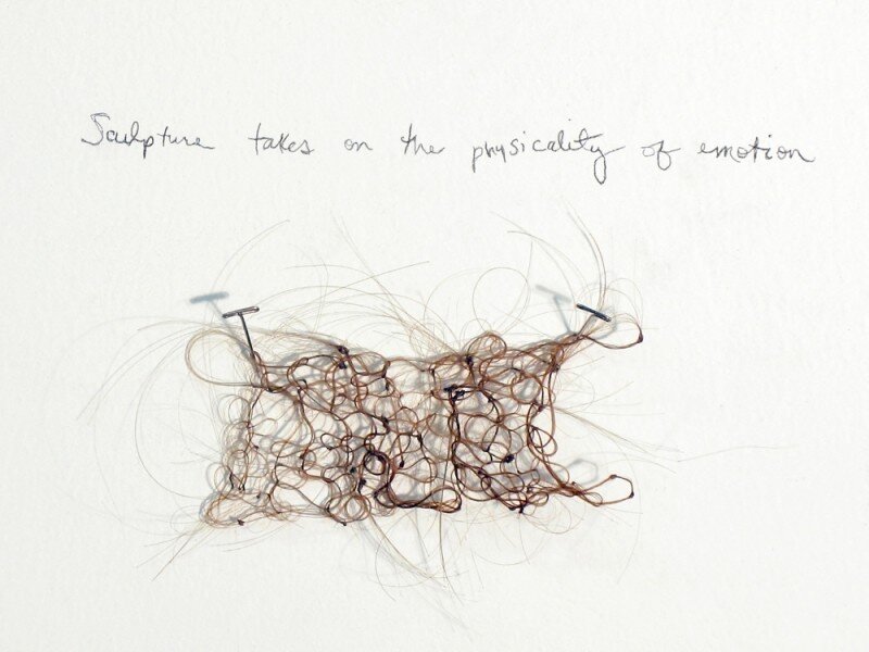    Sculpture takes on the physicality of emotion.    2000-2008  Crocheted hair and pencil on wall  Dimensions variable 
