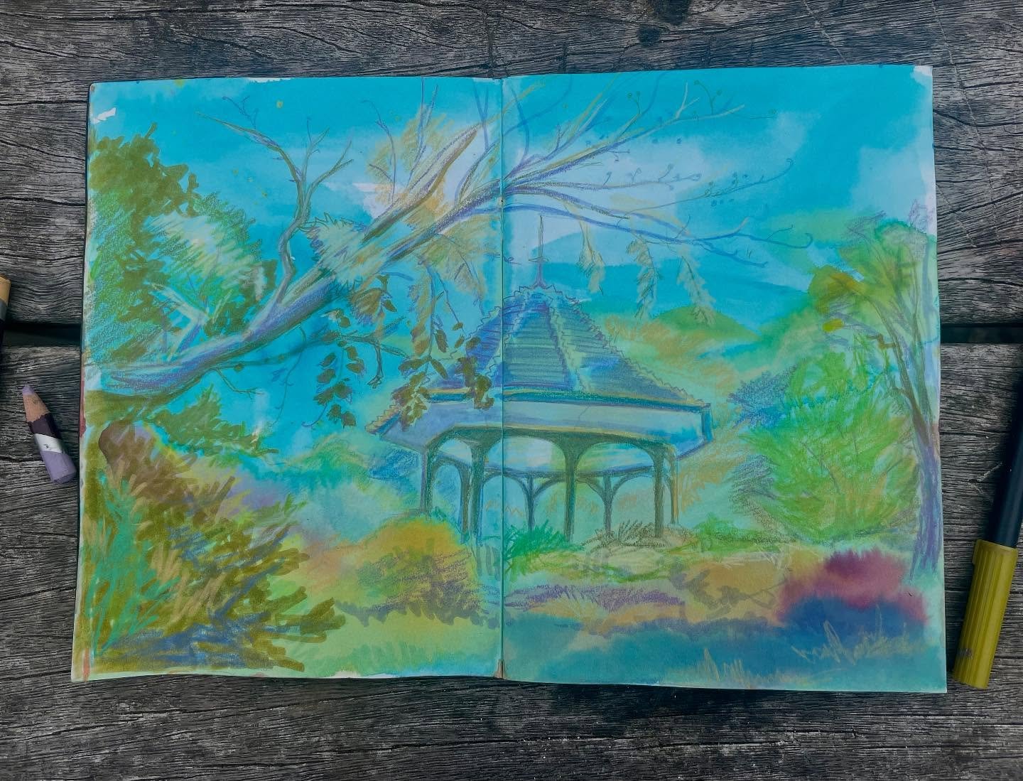.
.
.
.
#workonpaper #drawing #colouredpencils #sketchbook #art #colour #contemporarydrawing #sketch #mixedmedia #tombow #ruskinpark #camberwell #bandstand #park