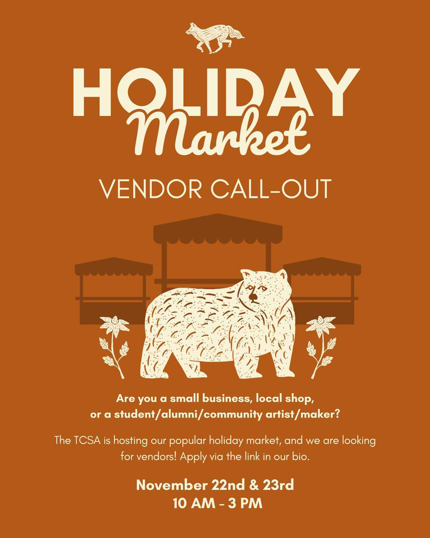 Our popular Holiday Market event is coming up on November, and we are looking for vendors!!!!! If you are a small business, local business, student/faculty/alumni artist, and wish to apply to be a vendor, click the link in our bio!