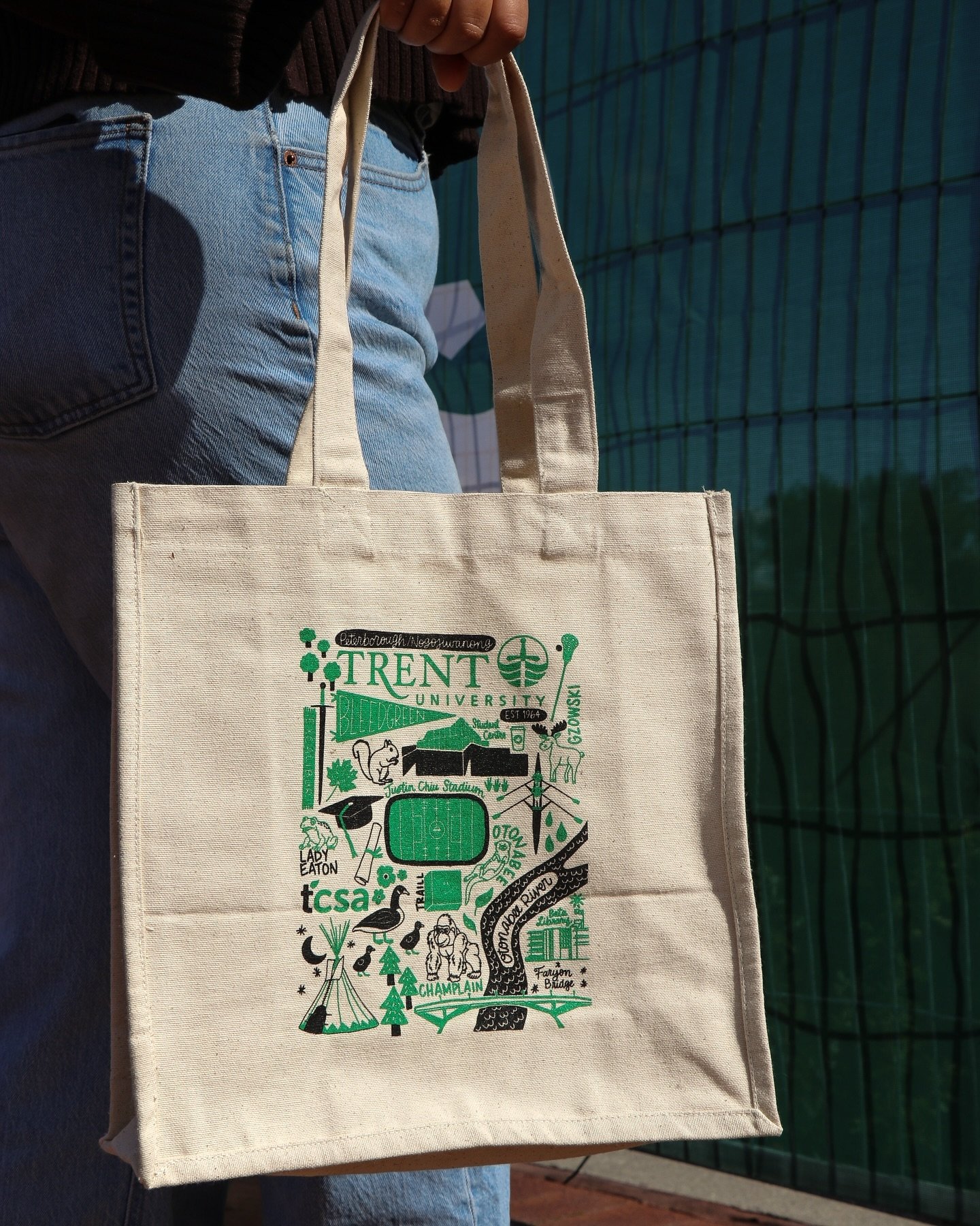 Nothing better than walking across campus on a warm, sunny day with your new favourite #trentu tote bag. Available for sale in our office.
