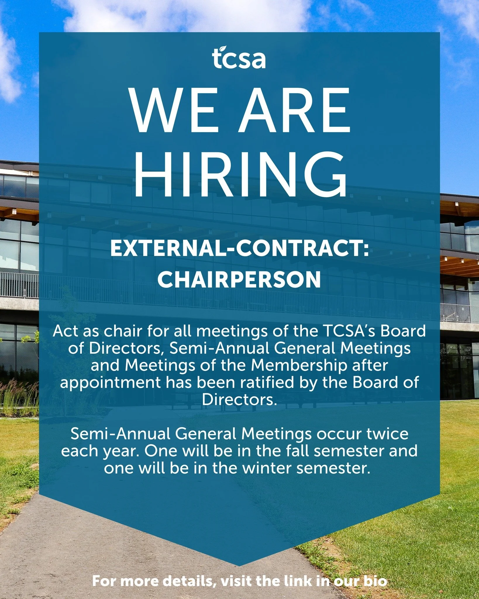 We are hiring! 

The TCSA is looking for a Chairperson to Chair our Board Meetings, Semi-Annual General Meetings and Meetings of the Membership. For more details on the position and how to apply, visit the link in our bio or visit: https://trentcentr