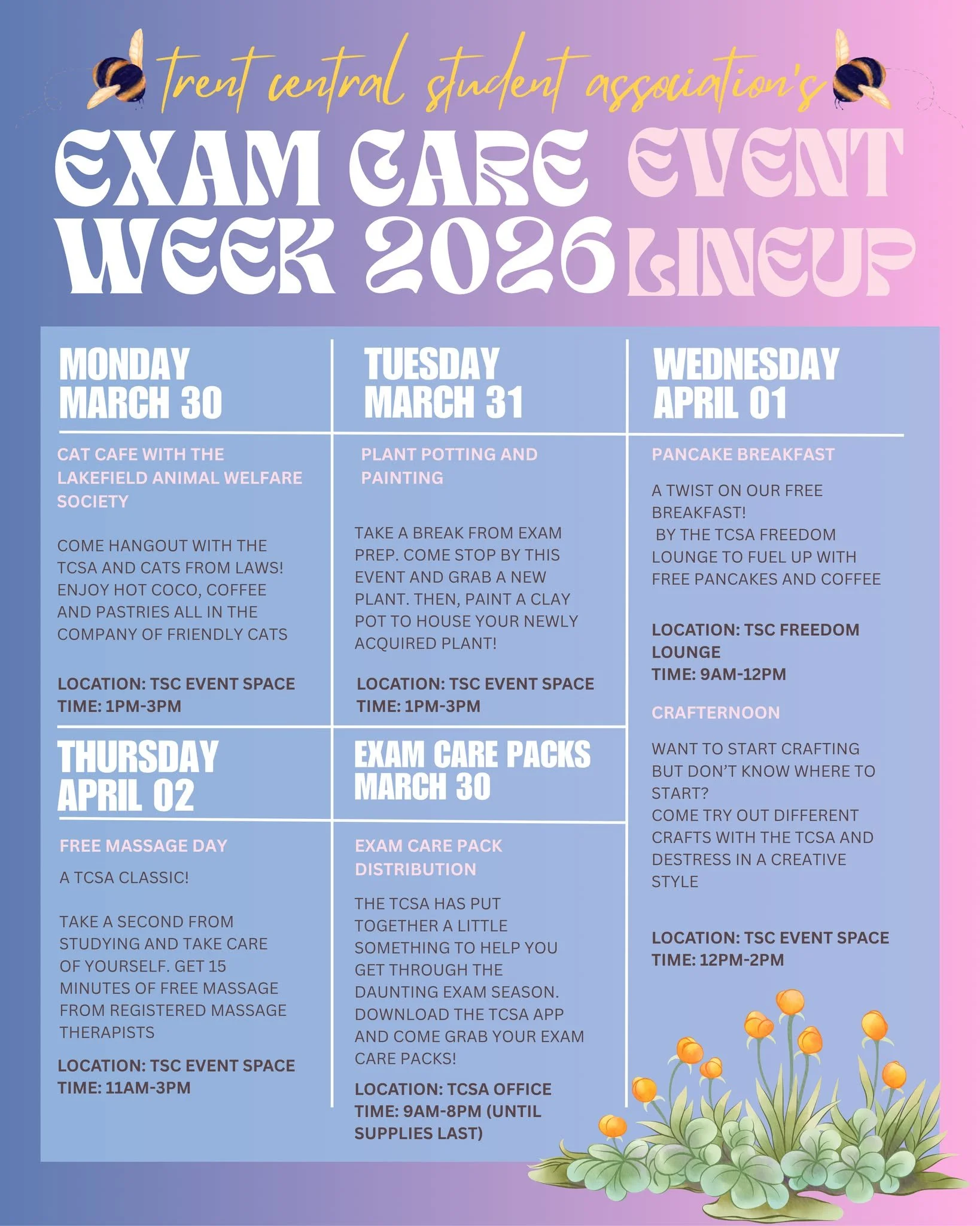 Exam season bringing you down? We're here to the rescue :)

Stop by the Student Centre next week, the week of
March 30th for days filled with different de-stress
activities all designed to help you relax before finals.