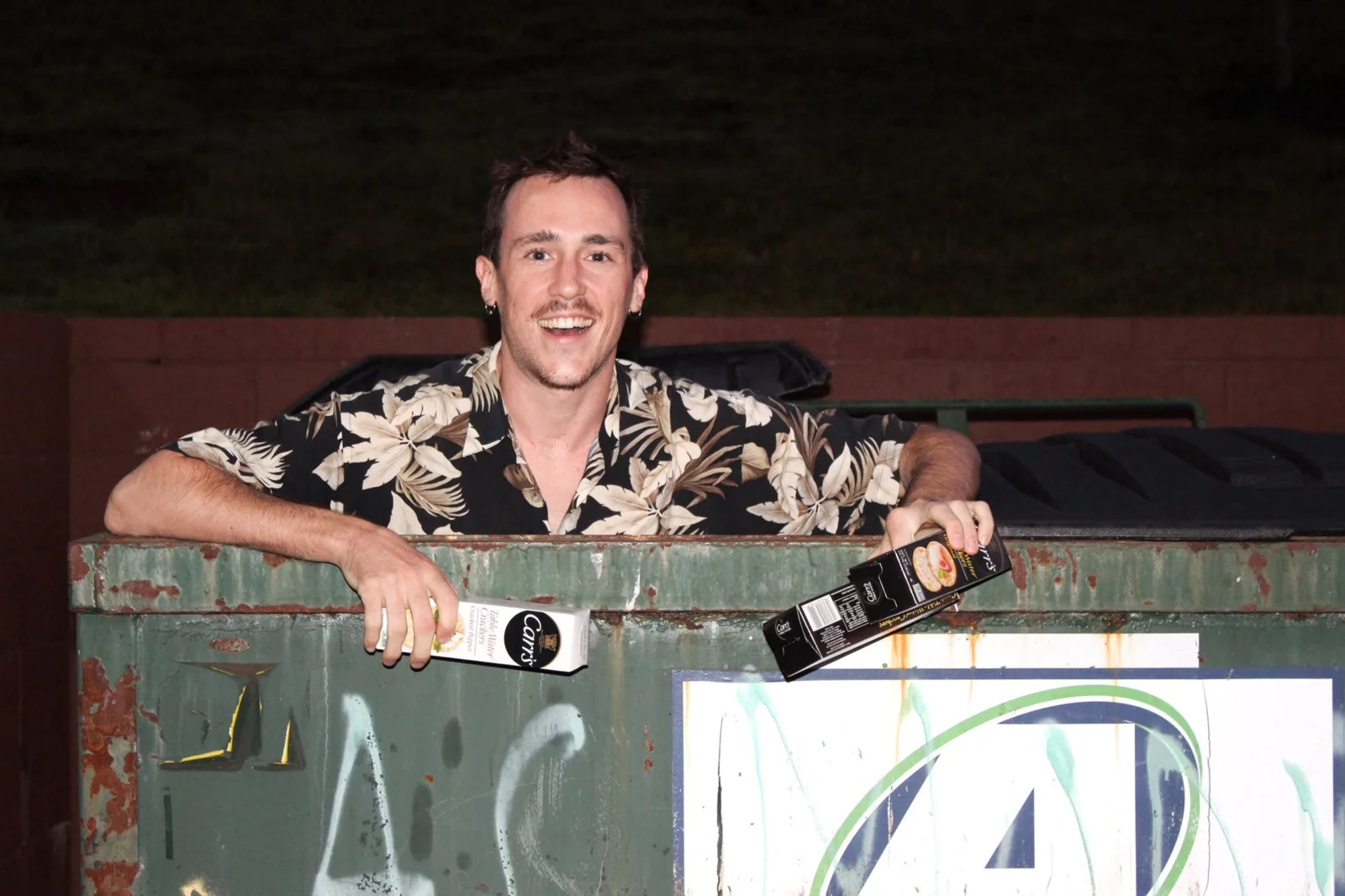 Rescuing crackers from a dumpster.