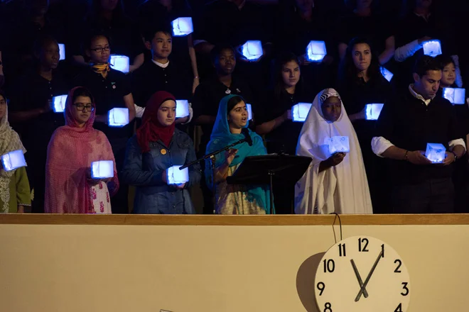 Education advocate Malala Yousafzai (third left) addresses the General Assembly during the opening day of the UN Sustainable Development Summit. UN Photo/Mark Garten