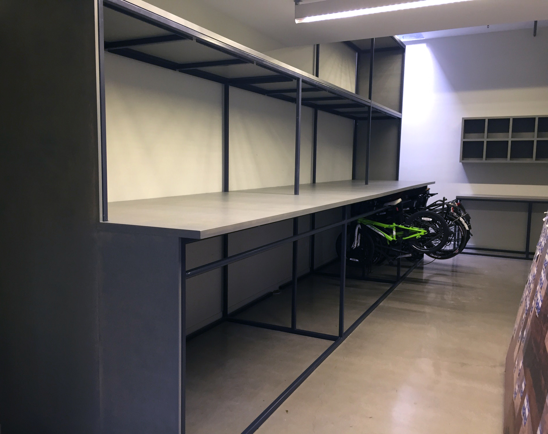 Custom storage area for bikes and supplies